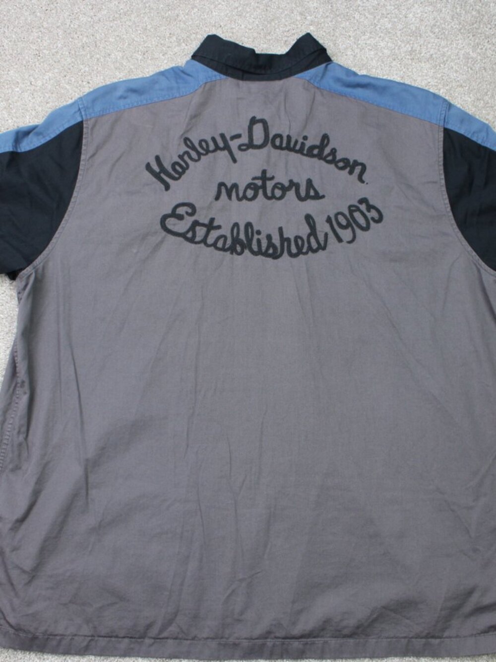 Harley-Davidson Motors Shirt Mens 2XL Gray/Blue Colorblock Mechanic S/S Button